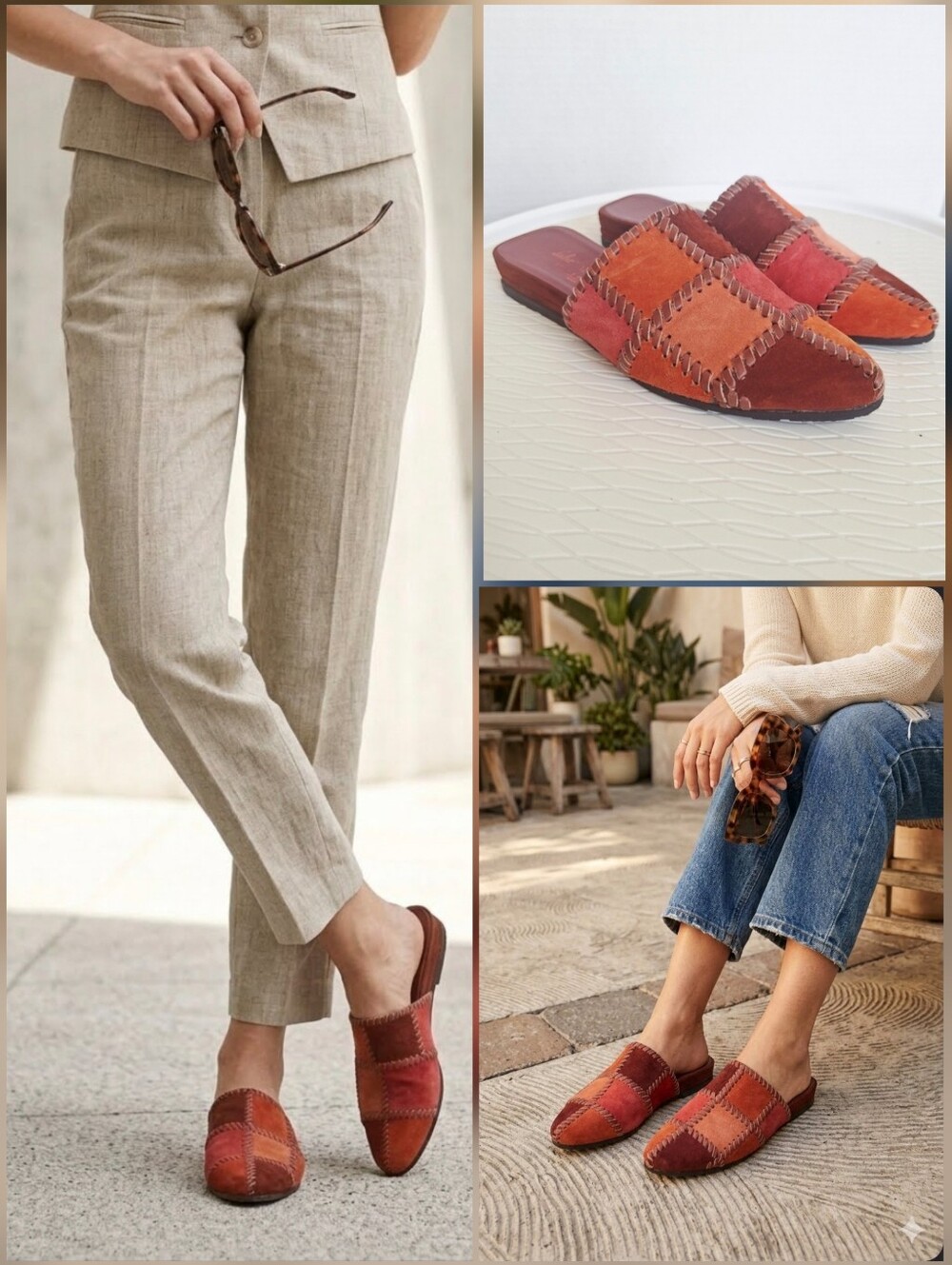 ❤️Salvatore Ferragamo Patchwork Suede Mules in Red & Orange 🤍Size 7B